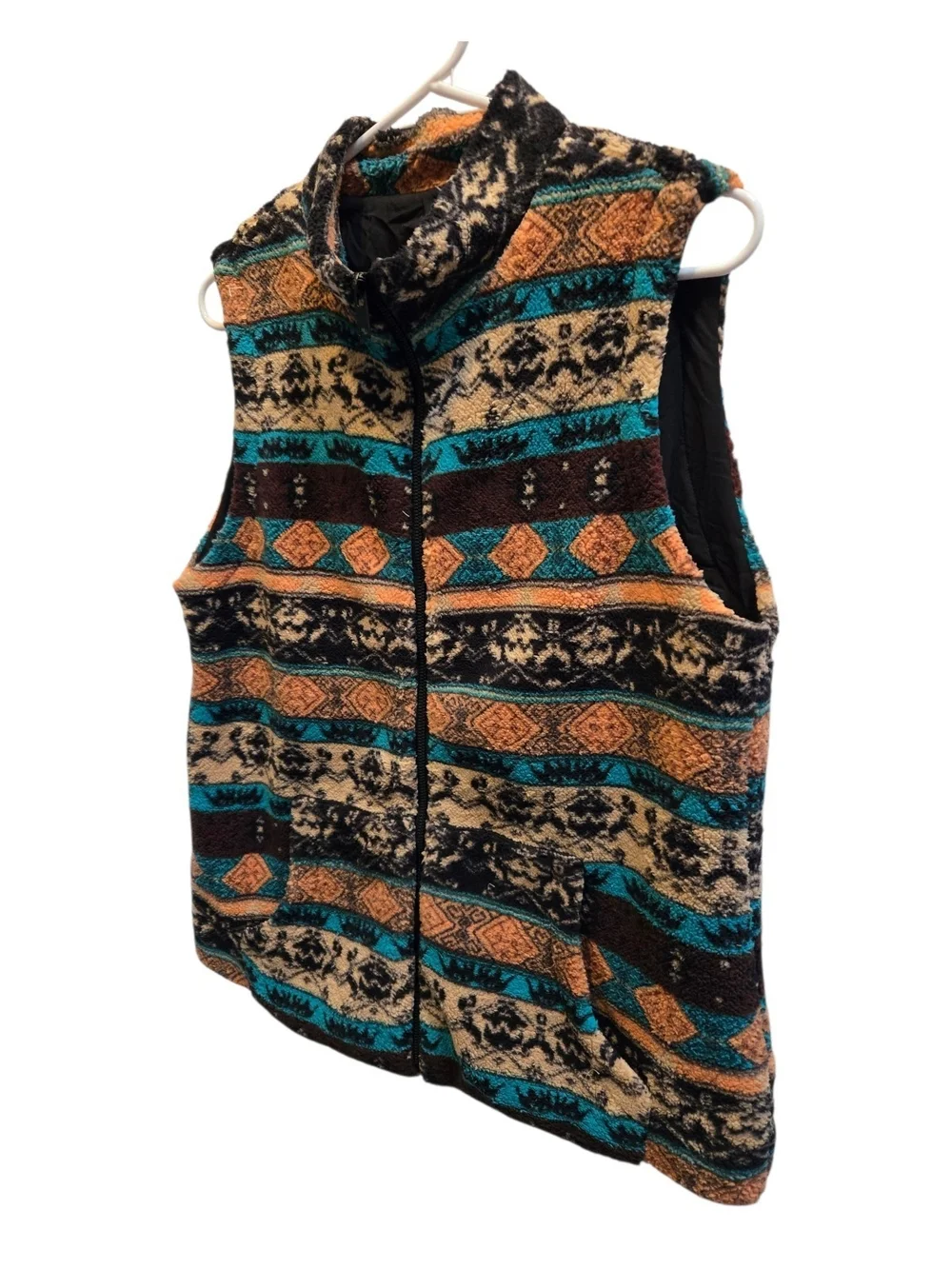Women's Patterned Zip Fleece Vest - Teal & Brown SZ L